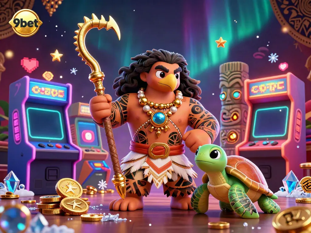 Experience the thrill of gambling with 9bet's vibrant and dynamic 3D illustration of Polynesian-themed characters in an arcade casino.