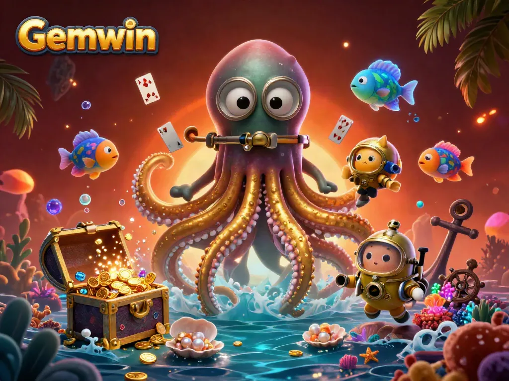 Gemwin features a dynamic casino scene with a kraken, diving cat, and treasure elements.