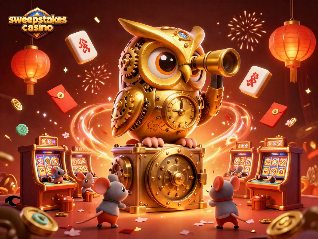 Engage in thrilling sweepstakes casino adventures with a vibrant 3D illustration featuring a golden owl and whimsical elements.