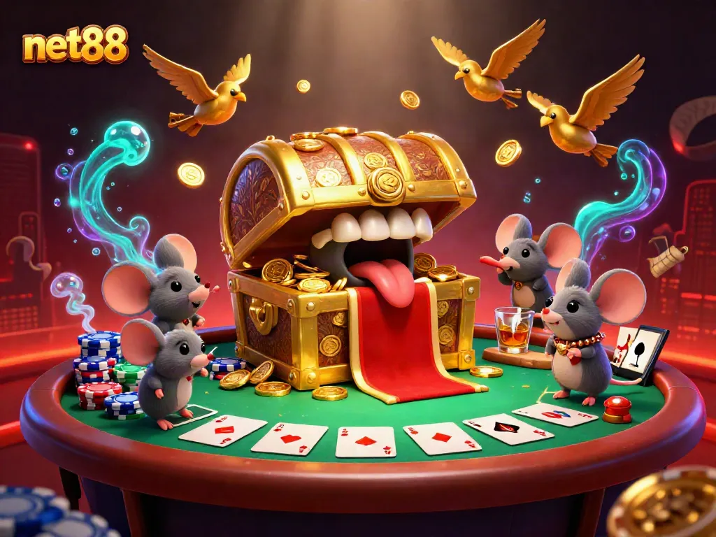 At net88, adventurer mice are lured by a golden treasure chest, surrounded by a rich poker setting.