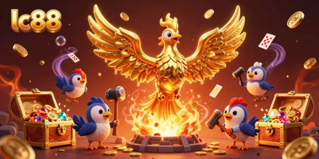 Engage with thrilling gameplay at lc88 where a golden phoenix emerges surrounded by treasures.