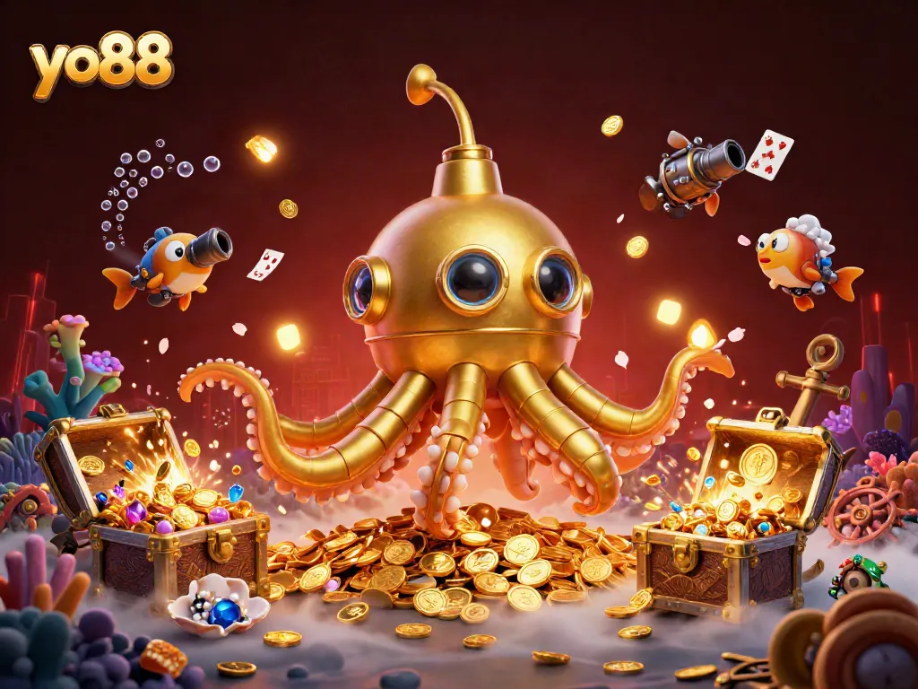 Engage with yo88's thrilling underwater adventure featuring a golden kraken submarine amidst gold coins and games.