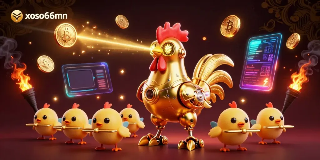 Engage with xoso66mn's dynamic 3D casino illustration featuring a golden rooster robot and crypto coins.
