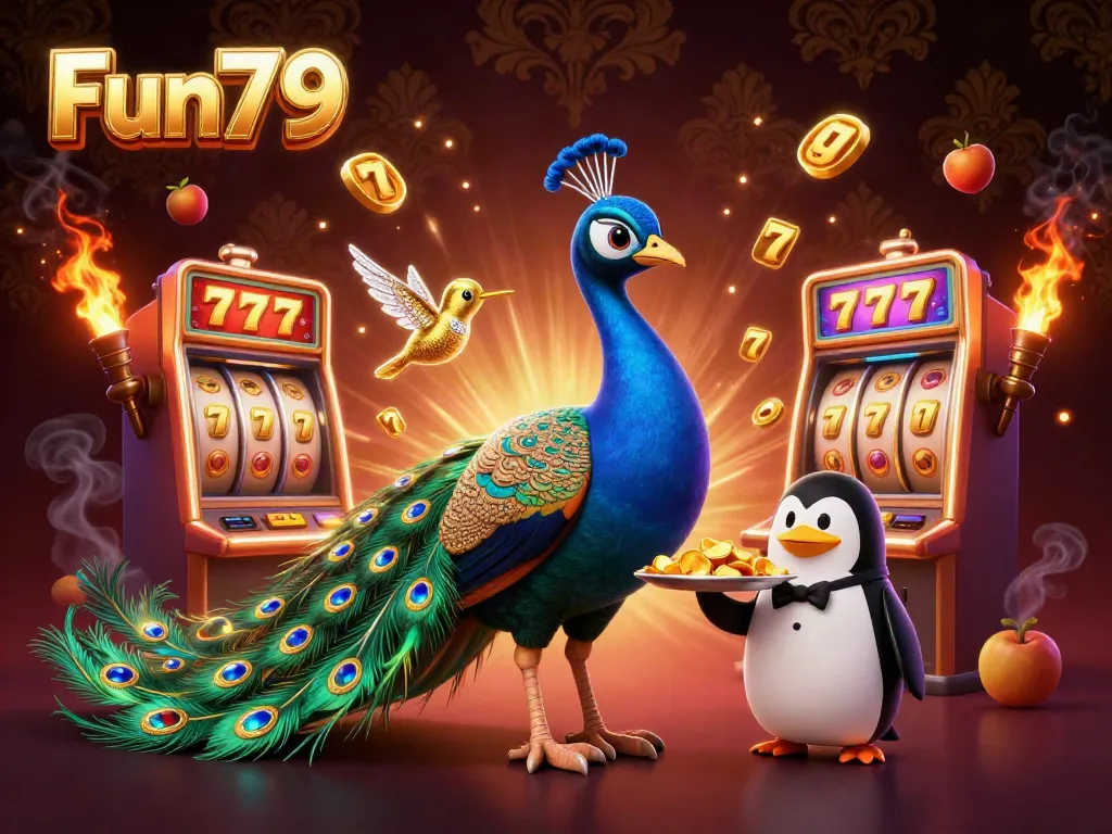 Spin the reels at Fun79, where a vibrant peacock and penguin unveil rich jackpot opportunities.