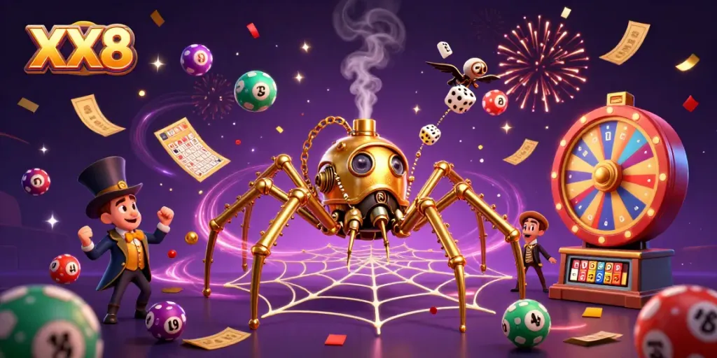 Engage with thrilling games at XX8 featuring colorful lottery elements, animated characters, and a dynamic casino atmosphere.