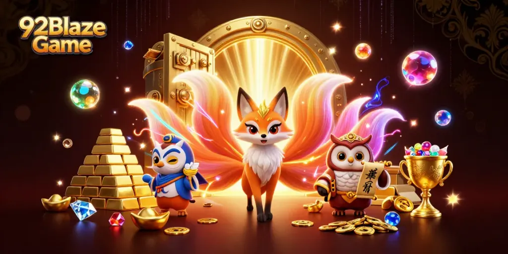 Dive into the 92Blaze Game with a vibrant illustration showing a nine-tailed fox spirit and a wise owl amidst treasures and glowing gems.