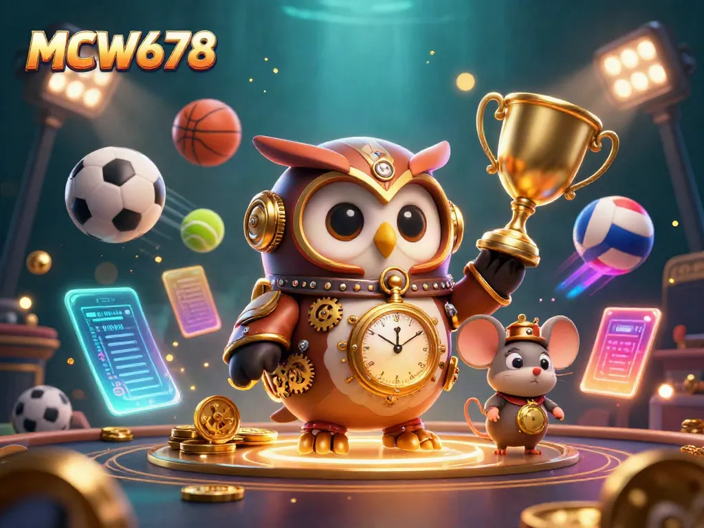 Experience thrilling gaming action with MCW678, featuring a whimsical time-traveler owl in a vibrant casino environment.