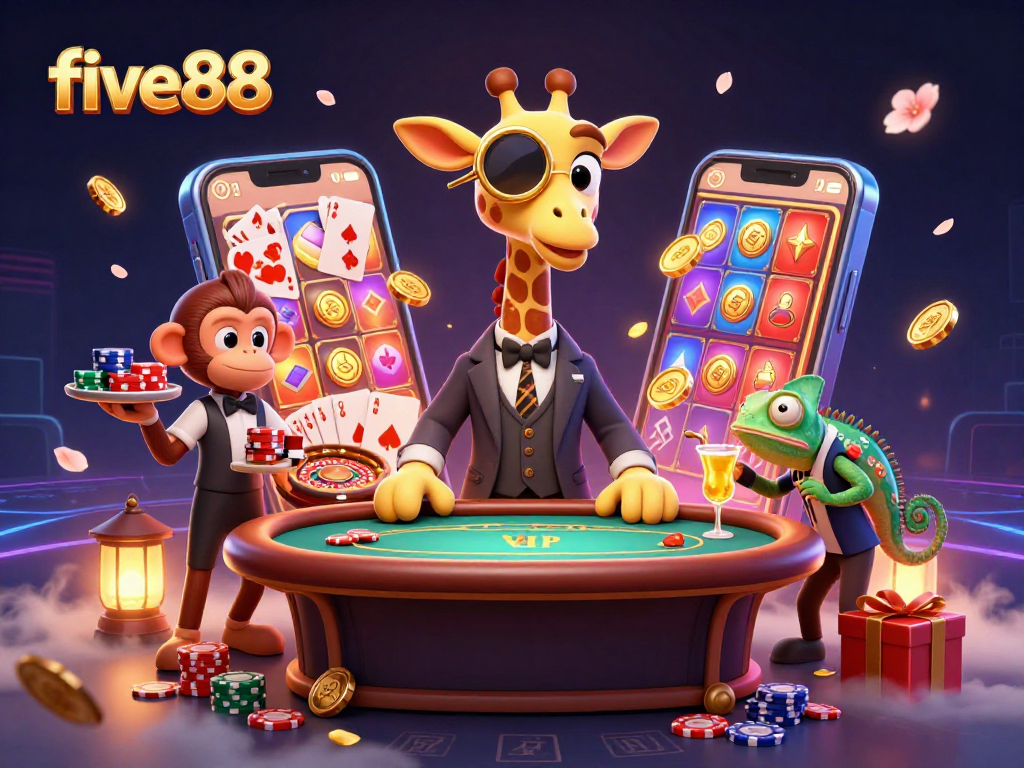 Experience excitement with five88 in a vibrant 3D casino illustration showcasing a high-roller giraffe, monkey valet, and chameleon bartender.