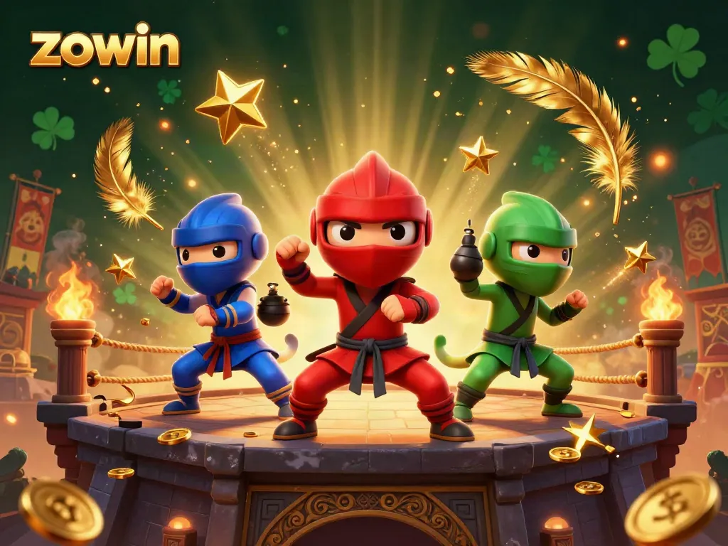 Zowin vibrant 3D casino scene with cartoon ninja chameleon team showcasing martial arts amidst a lush backdrop of gaming elements.