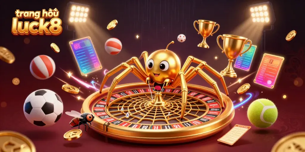 Experience the excitement of trang chủ luck8 as a golden spider spins a roulette wheel web, showcasing thrilling sports betting.