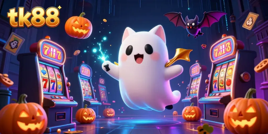 tk88 showcases a friendly ghost cat in a haunted casino with glowing jackpots and slot machines.