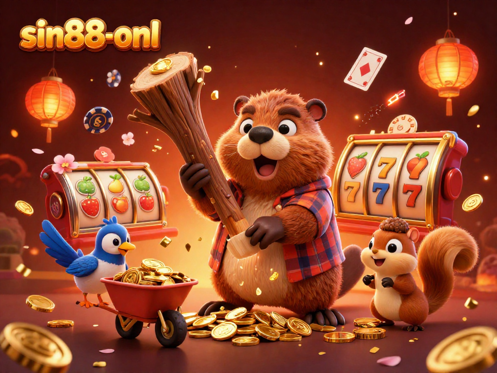 Experience thrilling gameplay with sin88-onl as the beaver chops a tree raining gold coins in a vibrant casino scene.