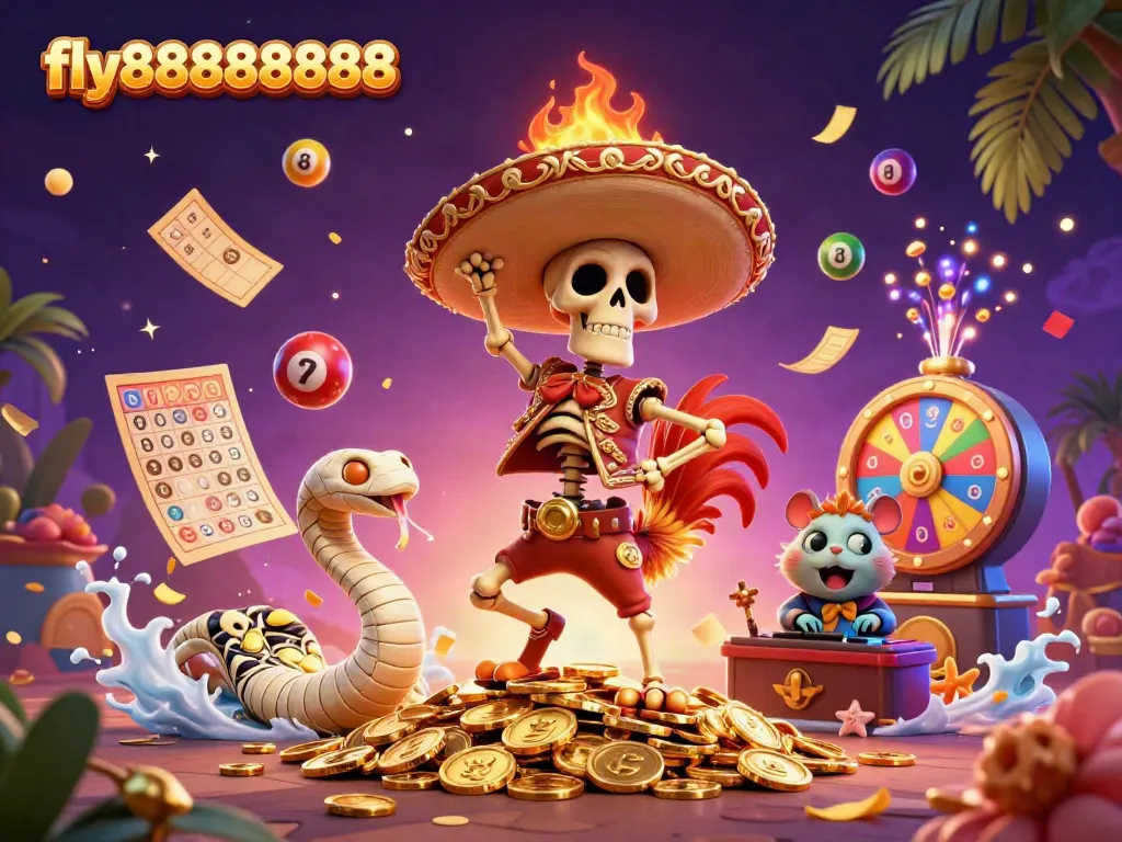 Experience the excitement of fly88888888 with vibrant characters and dynamic betting elements in a lively 3D casino scene.