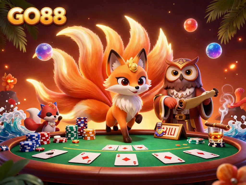 Engage with GO88's vibrant casino scene, showcasing poker excitement and colorful characters.