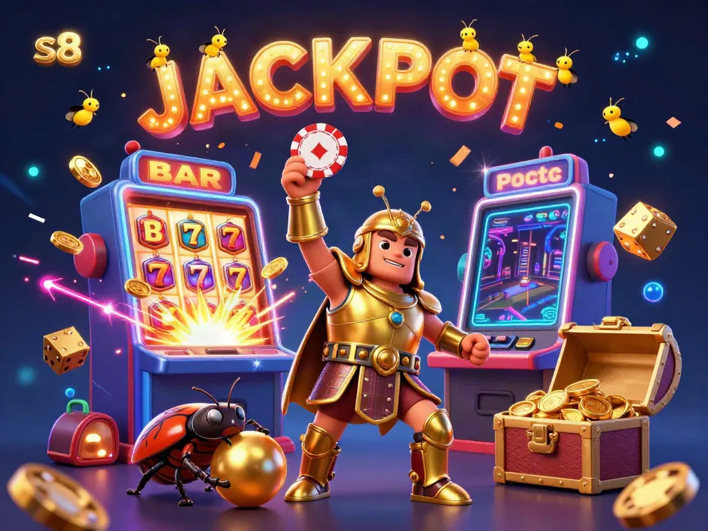 S8's 3D hero beetle celebrating a casino jackpot amidst vibrant gaming scenes.
