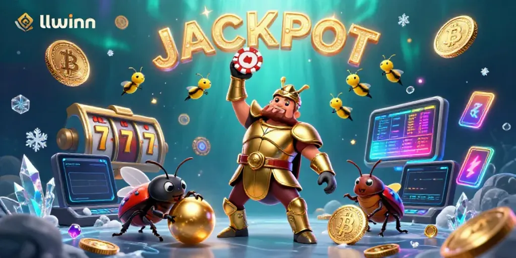 llwinn celebrates a casino jackpot with a heroic beetle duet lifting poker chips, crypto coins, and lottery glimmers.
