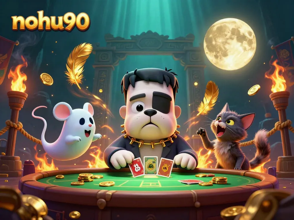 Experience nohu90's thrilling card games with a spooky cartoon scene featuring unique characters.