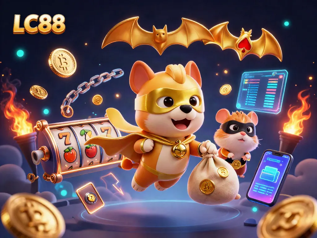 Experience thrilling gaming with LC88's superhero dog and hamster amidst vivid slot elements.