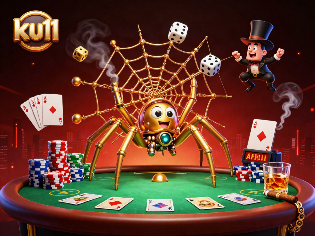 Engage with ku11's thrilling poker gameplay as a golden spider weaves a web of excitement.