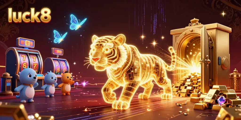 Juxtapose luck8's vibrant casino scene, where a golden tiger prowls amid dazzling slot machines and jewels.