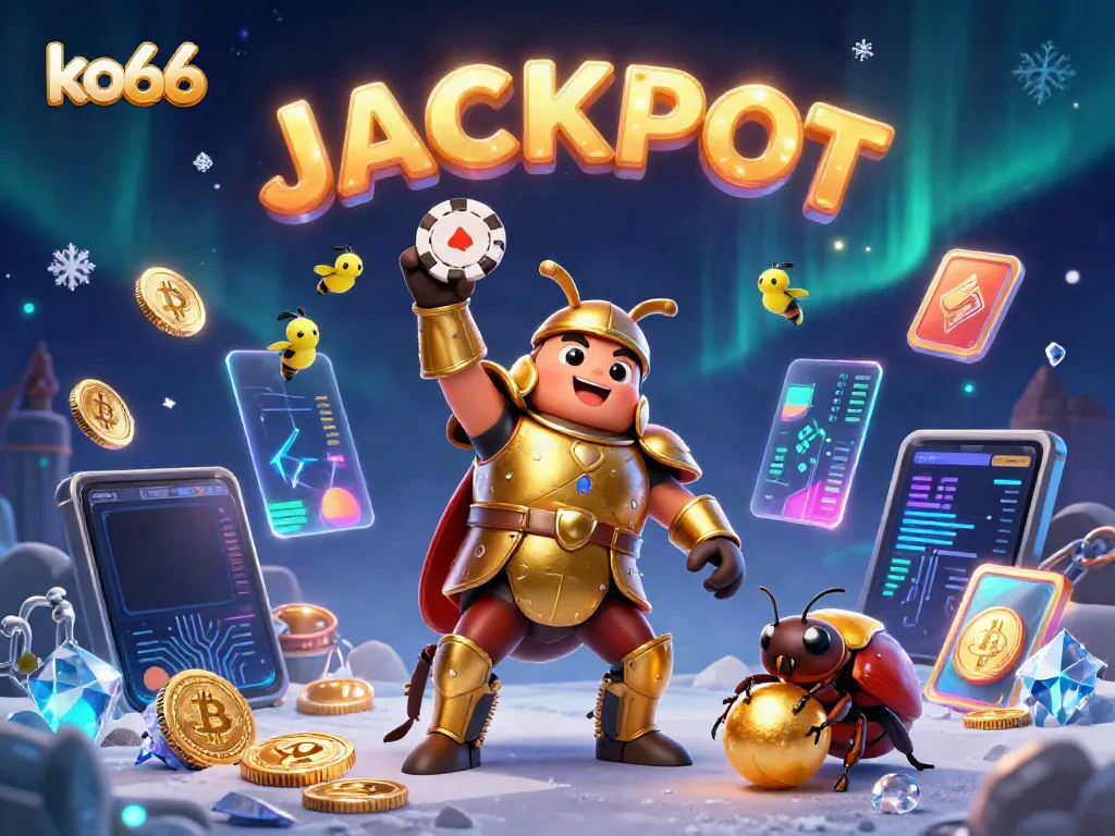 ko66 celebrates with a victorious hero beetle in a vibrant casino scene bursting with energy and colors