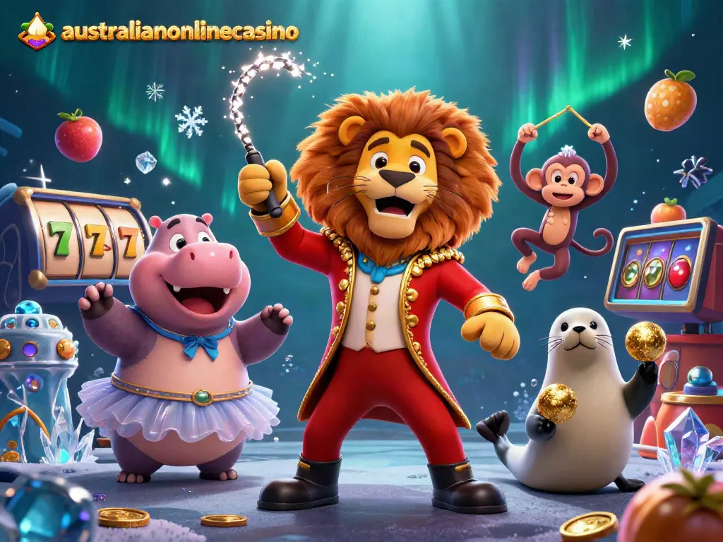 Experience winning moments at australianonlinecasino with a vibrant scene featuring a circus lion and underwater jackpot elements.