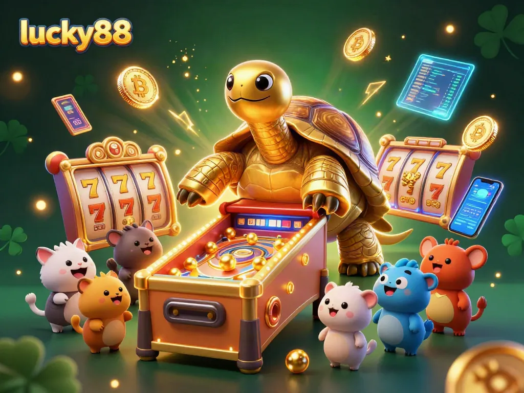 Join the excitement at lucky88 with a cartoon tortoise pinball game amidst vibrant slot reels and crypto coins.