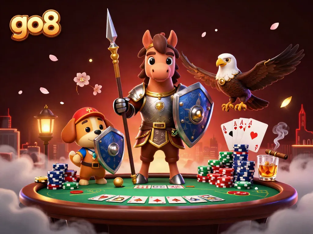 Engage with go8's vibrant 3D casino scene featuring a medieval knight and poker dynamics at play.