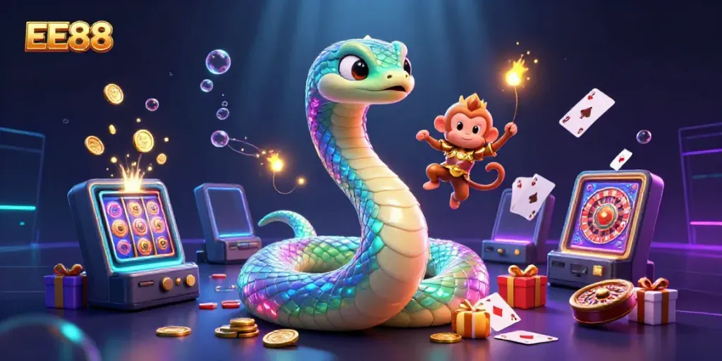 Experience the magic of EE88 with a vibrant casino scene featuring a rainbow serpent and golden monkey king.