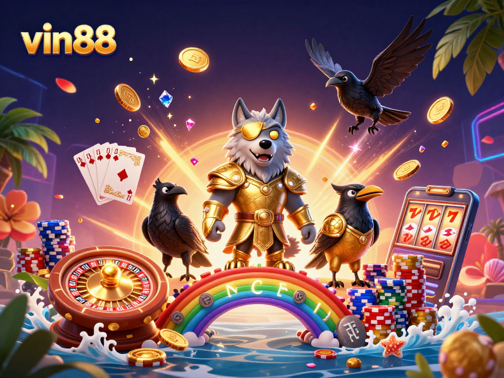 Spin the roulette wheel with vin88's exciting casino elements in a vibrant 3D scene.