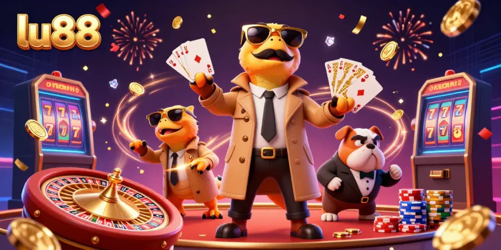 Engage with lu88 as quirky raptors attempt VIP entry at a casino, surrounded by thrilling gaming elements.