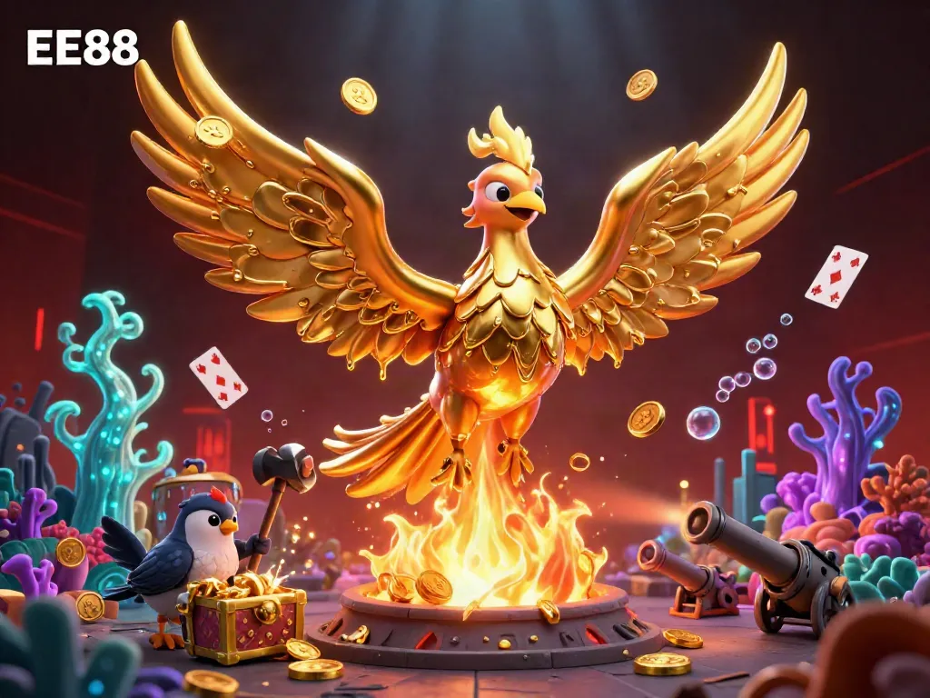 Experience the thrill of EE88 with a golden phoenix symbolizing luck and riches in a vibrant casino world.