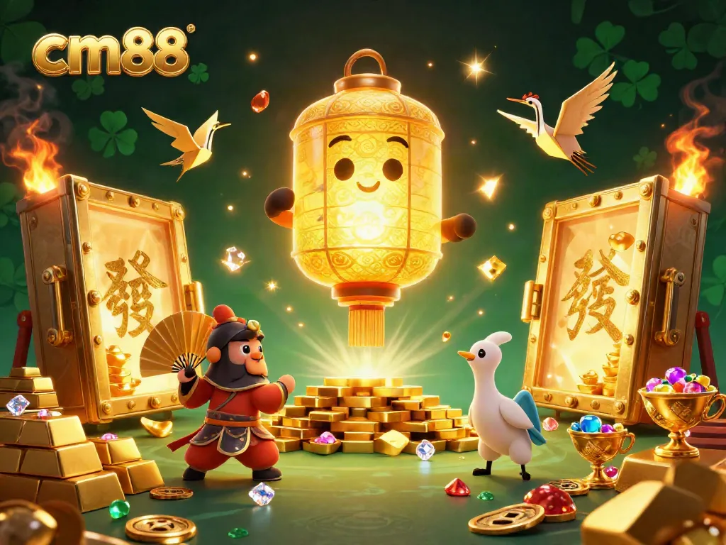 Experience exciting gaming at cm88 with a vibrant illustration of the golden lantern spirit above a casino.