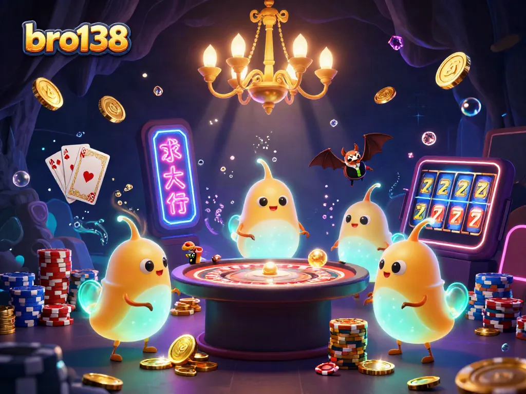 Experience exciting gameplay at bro138's vibrant cave casino with glowing characters and dynamic casino elements.