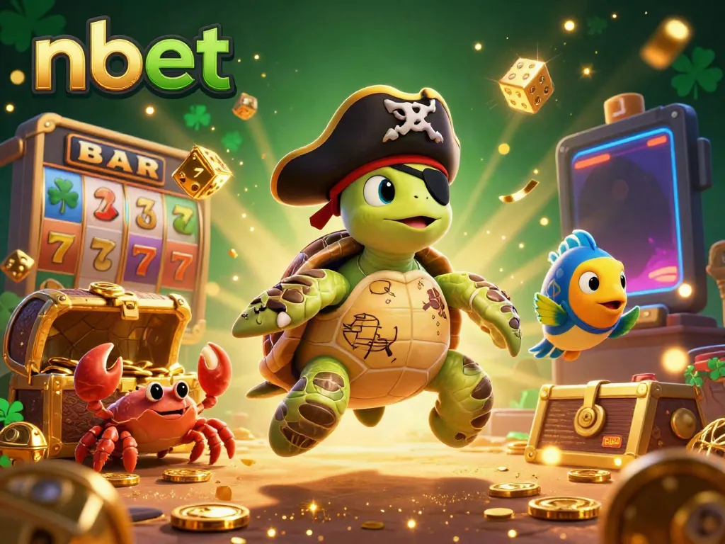Engage with nbet's colorful online casino scene featuring a pirate turtle, treasure, and dynamic gaming elements.