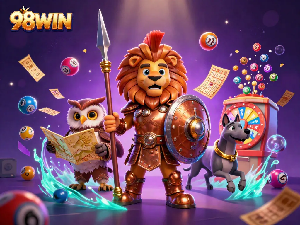 Engage with 98WIN in a colorful lottery atmosphere featuring exciting characters and dynamic gambling elements.