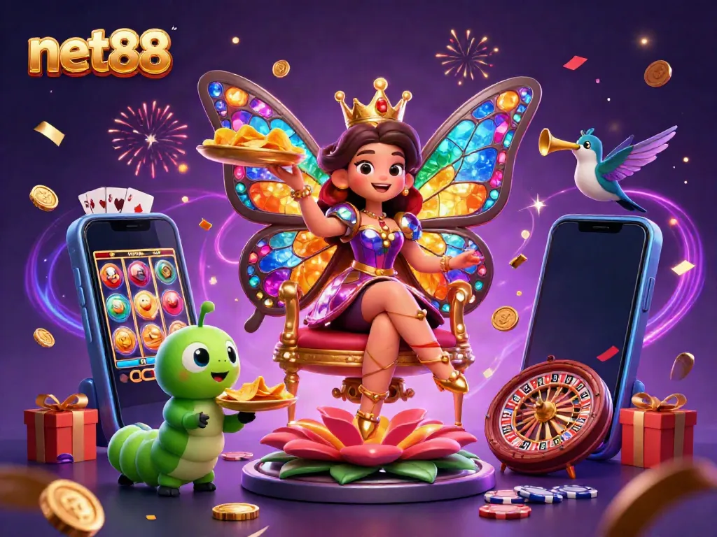 Join the excitement at net88 with a vibrant scene featuring a butterfly queen, gaming action, and rich decorations.