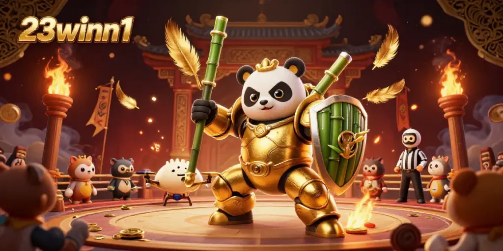 Experience the thrilling action at 23winn1 with vibrant 3D casino illustration showcasing a mech-suit panda and immersive gaming elements.