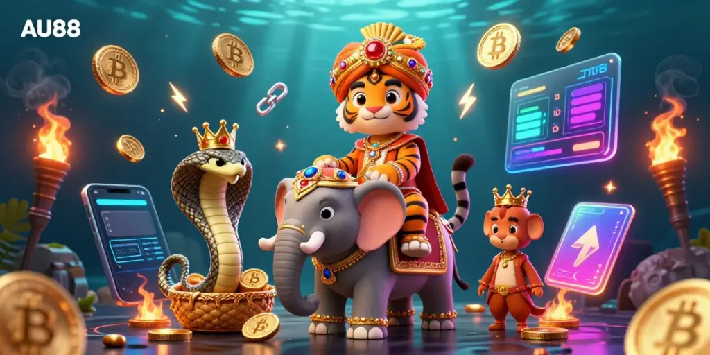 Experience the thrilling online casino world of AU88 with a vibrant 3D scene featuring unique characters and digital assets.