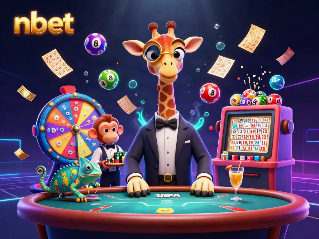 Experience the excitement of nbet casino with a vibrant scene featuring a high-roller giraffe and animated gaming elements.