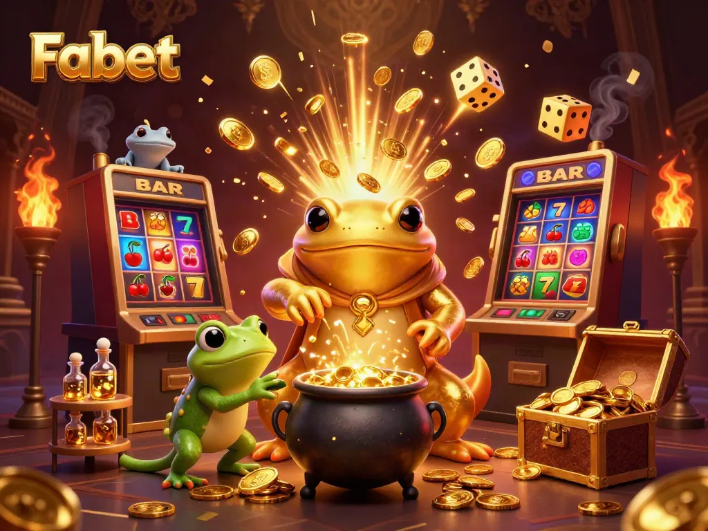 Engaging scene with Fabet's golden alchemist creating wealth amidst a lively casino atmosphere.