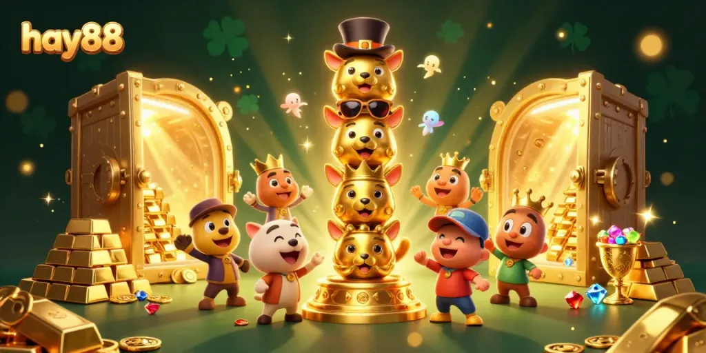 Experience hay88's vibrant casino atmosphere with golden treasures and animated totem pole.