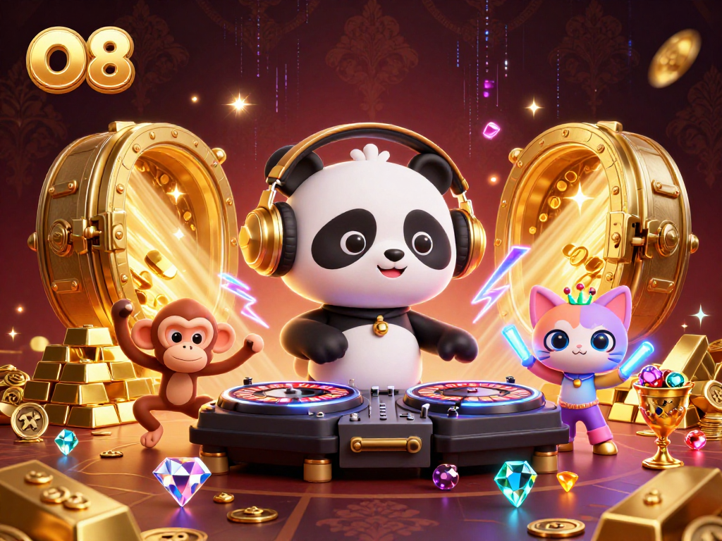 Join O8's vibrant casino scene with fun characters showcasing games and treasures.
