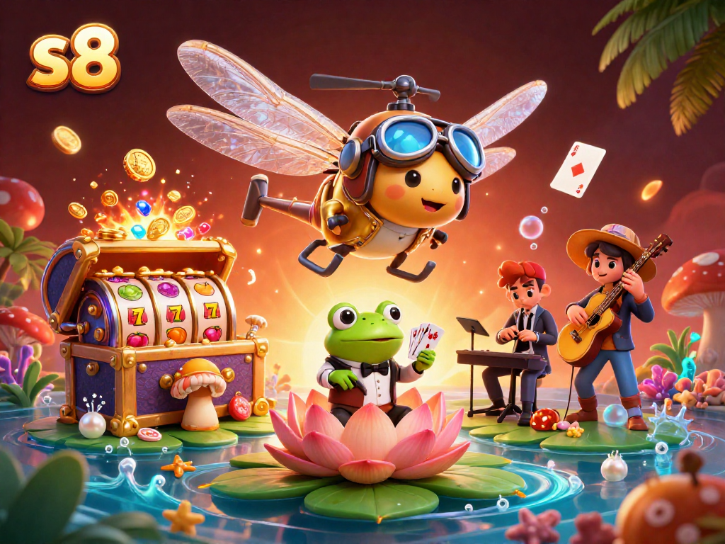 s8 delivers thrilling casino excitement with a dragonfly pilot and frog croupier at an exciting lily pad casino.