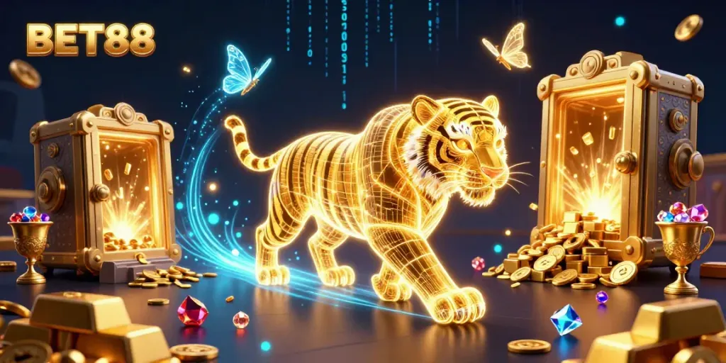 Experience BET88's vibrant casino world with a glowing tiger and treasure bursting with gems.