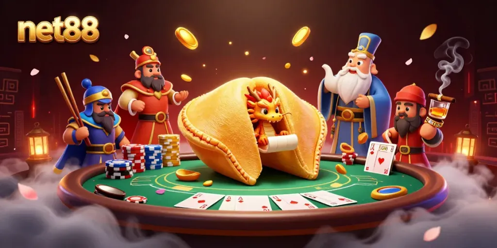 Experience thrilling moments of net88 with a vivid illustration of a golden fortune cookie, dragon, and rich poker scene.
