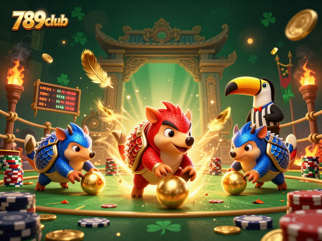 Engage with games at 789club, where playful pangolins compete amid vibrant casino elements.