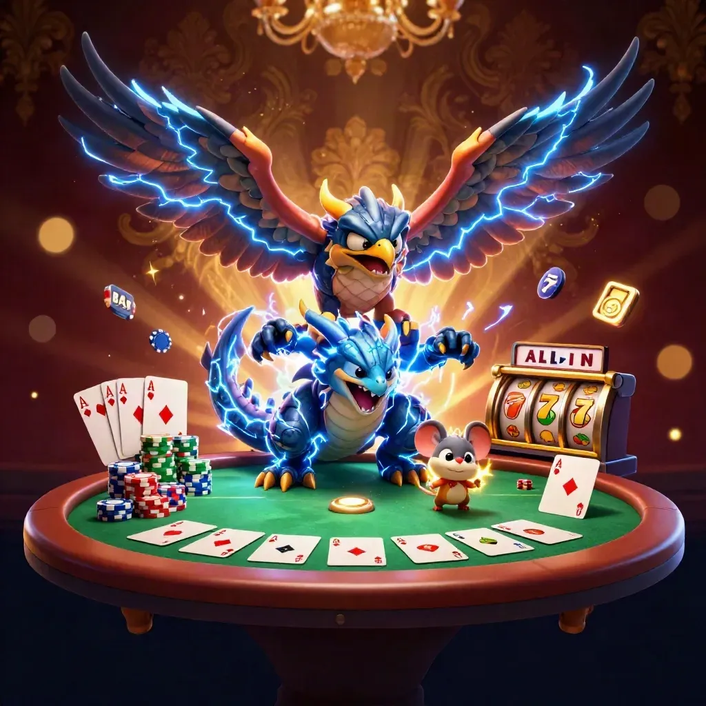 Thunder dragon, hawk, and mouse amid casino cards, chips, reels, and gold lightning.
