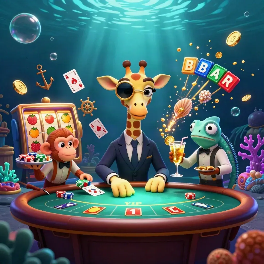 Three cartoon casino animals in an underwater treasure cove with glowing gold coins