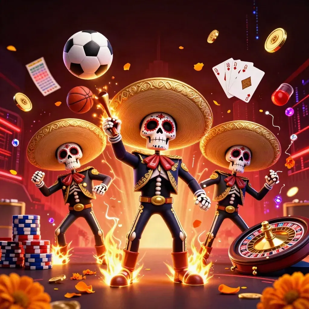 Skeleton mariachi trio amid flying coins, roulette, cards, and sports gear on a dark casino stage.